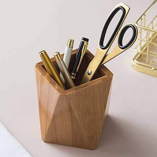 Bamboo Wood Pen Holder Stand for Desk Geometric Pencil Cup Pot Cute Desktop Office Supplies, Makeup Brushes Organizer (Bamboo) - Image 4