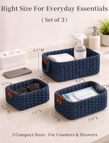 Small Wicker Baskets, 3 PCS Paper Rope Baskets for Shelves, Blue - Image 2