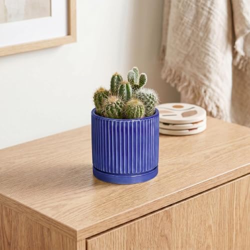 Ceramic Plant Pots 4 Inch, Round Planter with Saucer, Blue - Image 5