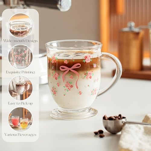 KEMORELA Pink Bow Glass Coffee Mugs Set,Cute Tea Cup with Handle,Gifts - Image 4