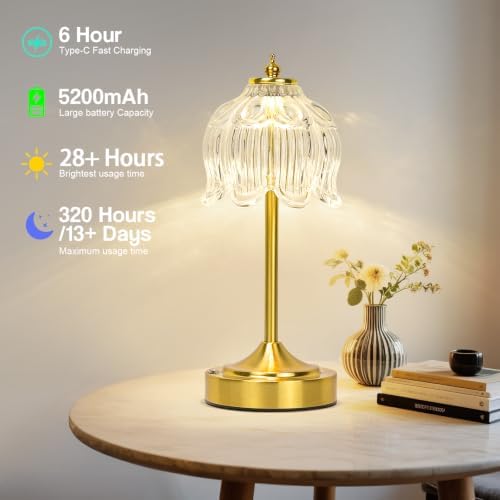 Cordless Table Lamp, Rechargeable Clear Glass Lotus Flower Lamp - Image 2