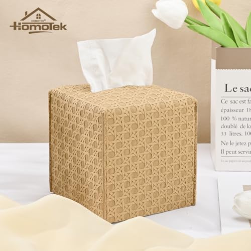 HOMOTEK 1 Pack Tissue Box Cover, Square PU Leather Tissue Holder, Decorative Facial Tissue Cube Paper Organizer Dispenser for Bathroom, Night Stands, Desk, Car 5X5X5'' - Rattan Weave, Camel - Image 5