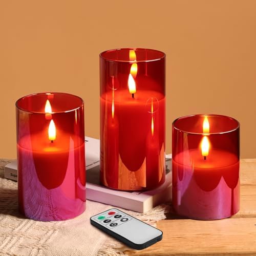 Eywamage Red Glass Flameless Pillar Candles with Remote, Flickering Christmas Battery LED Candles Holiday Decor Set of 3 by EywamageCandles