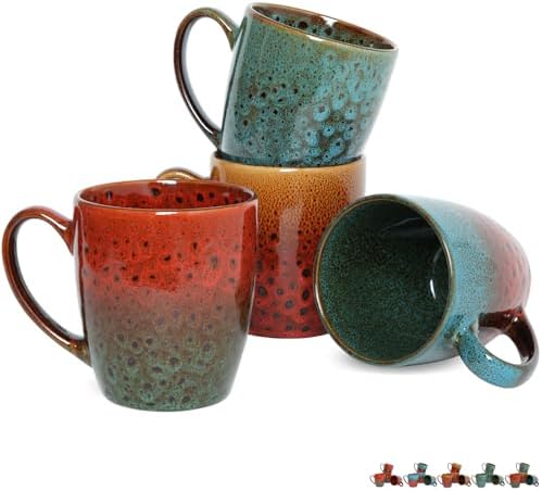 Bosmarlin Ceramic Coffee Mug Set of 4, 17 Oz, Coffee Cups with Big Handle, Microwave Safe, Unique Reactive Glaze (Multicolor) by Bosmarlin