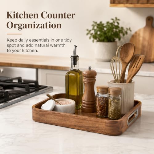 Acacia Wood Serving Tray with Handles, 12x18 Inch, Natural Grain - Image 3