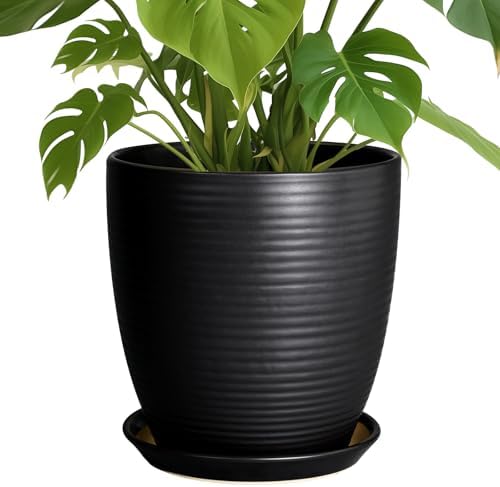 Ceramic Plant Pot 10 Inch - Large Planter Pots for Plants Indoor Outdoor Glazed Round Flower Pot with Drainage Hole and Saucer Black by EPFamily