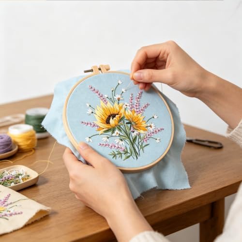 Silentsea Embroidery Kit – Sunny Sunflowers with Delicate Purple and White Floral Accents, Perfect for Beginners and Craft Lovers - Image 3
