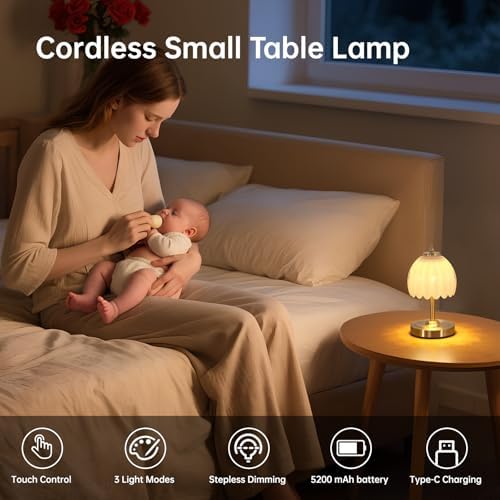 Shenmoyl Set of 2 Tulip Table Lamp with 5200mAh Battery & Touch Control, Cordless Small Table Lamp with 3 Colors, Rechargeable Battery Operated Table Lamps for Nightstand, Bedroom (White Tulip) - Image 2