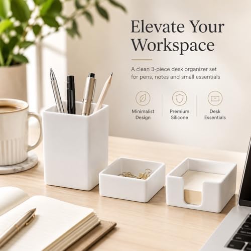 minimaliving Aesthetic Silicone Desk Organizer Set of 3,Modern Office Desk Accessories with Pen Holder,Paperclip Tray,Sticky Note Holder,Stylish Functional Office Desk Decor for Back-to-school(White) - Image 2