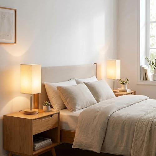 Small Table Lamp Set of 2, Bedside Lamp with 3000K Warm LED Bulb Included, Nightstand Lamp for Living Room Office Dorm Kids Room, Easy Assemble Minimalist Cream Shade & Wood Base(5W) - Image 5