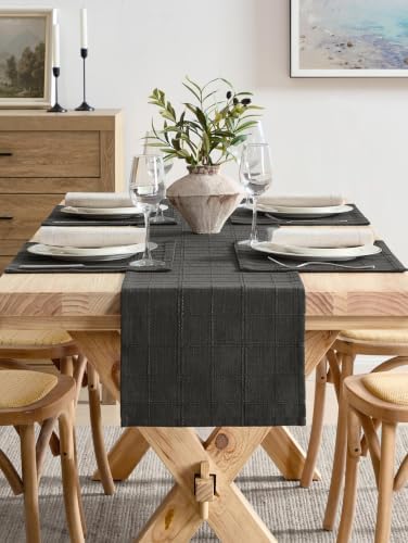 ZeeMart Linen Checked Farmhouse Table Runner, 13x108 Inches Charcoal - Image 2