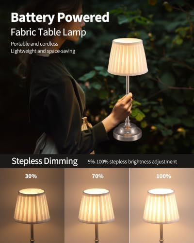 KDG Nickel Cordless LED Table Lamps Set of 2, Green Fabric Shade Desk Lamps - Image 4
