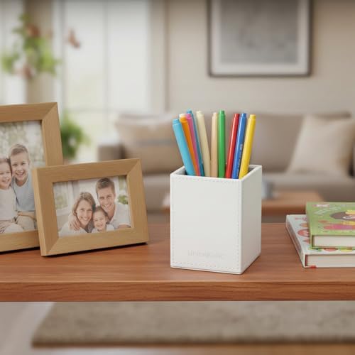 UnionBasic Square Pen Holder, Leather Pencil Cup, Desktop Caddy Stationery Organizer, White - Image 4