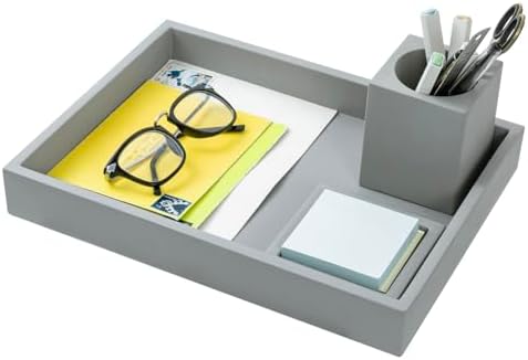 MyGift 3 pcs Set Modern Gray Concrete Desk Organizer Trays, Desktop Office Paper Tray, Stationery Holder Pencil Cup, Sticky Note Pad Holder - Image 5