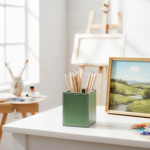 UnionBasic Square Pens Pencils Cup Holder Desk Stationery Organizer, Selected Faux Leather, Malachite Green - Image 4