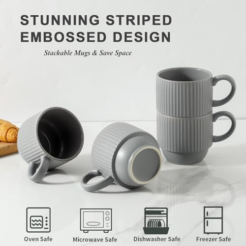 Hasense Stackable Coffee Mugs With Stand, 12 oz Stackable Coffee Cups Ceramic, Modern Ribbed Latte Cup Sets for Cappuccino, Tea, Espresso, Hot Cocoa, Drinks - Dishwasher & Microwave Safe, Grey - Image 4