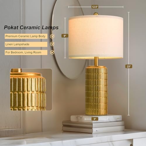 PoKat 23" Brass Gold Ceramic Table Lamps for Living Room, Retro Warm Gold Lamps for Night Stands, Vintage Bronze Decorative Lamps for Bedroom, Antique Gold Brown Nightstand Lamps for Home Decor - Image 5