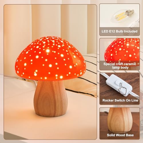 BOHON Mushroom Lamp Ceramic Bedside Table Lamp, Red - Image 5