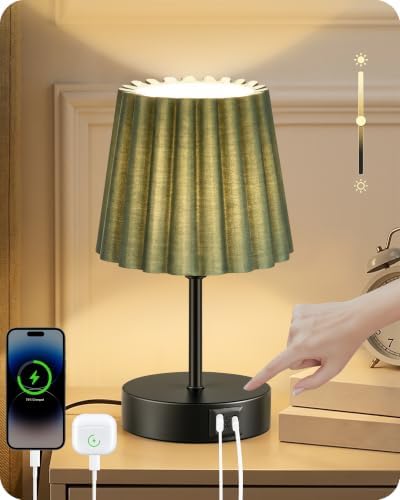 Small Bedside Table Lamp, Touch Dimmable Table Lamp with USB Ports, Nightstand Lamp with a Stepless Dimming LED Bulb, E26 Base, for Bedroom, Study, Desk, Black and Green J16TL05 by GOEBLESON
