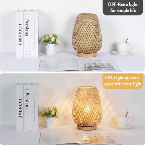 Rattan Table Lamp, Stepless Dimmable Small Beside Lamp, Vintage Wicker Wooden Nightstand Boho Bamboo Woven End Table Lamps for Bedroom Living Room Desk Kids Room, 2700K T45 LED Bulb Included - Image 3