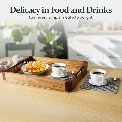 Wood Serving Tray with Handles, 17"x13" Large Decorative Ottoman Tray for Coffee Table, Walnut and Acacia Wooden Serving Trays for Party, Home Decor Rectangular Platters with 3 Silicone Mats - Image 6