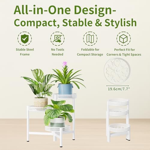 3 Tiered Tall Plant Stand Indoor Outdoor, Metral Plant Shelf for Corner Display Rack, Multi-Tier Folding Planter Pot Holder Flower Stand for Living Room Balcony Garden Patio - WhiteWave - Image 5