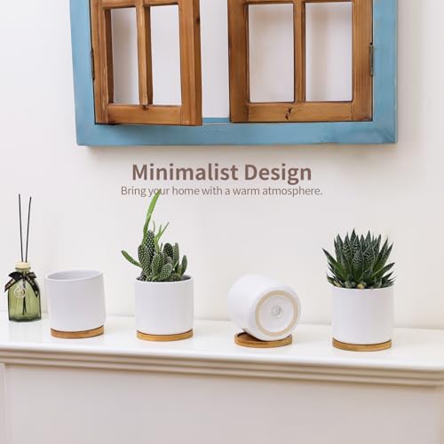 4 Inch Ceramic Plant Pots with Drainage Holes and Trays, Adorable Small Cylinder Flower Planter Pot with Saucers for Indoor Plants, Succulent, Snake Plants, Cactus & Herbs, White, Set of 4 - Image 4