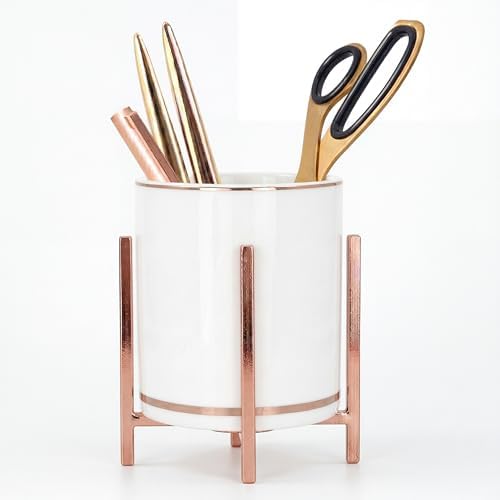 Rose Pen Cup Holder for Ladies, Desk Pencil Holder for Women, Ceramic Pencil Cups, Rose Gold Makeup Brush Cup, Cute Makeup Brush Holder, Office Desk Accessories for Women by MONOSUGO