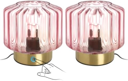 Small Lamp of 2 Pink Glass Table Lamps with Touch Table Metal Base, Mid Century Modern Table Lamps Mini Table Lamp nightstand lamp Gold Desk lamp for Bedside Bedroom Living Room Office by Auwieou