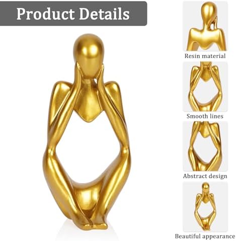 Sandstone Resin Thinker Statue Style Abstract Sculpture, Gold, Focus - Image 4