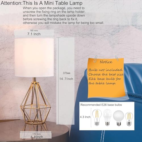 Gold Modern Hollow Out Base Bedroom Small Table Lamp,Bedside Nightstand Lamp with Geometric Metal Base White Fabric Shade,Cute Desk Lamp for Kids Living Room - Image 2