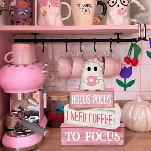 Moucuny 4 Pcs Pink Halloween Table Decor Ghost Wooden Stacked Block Decor - Image 5