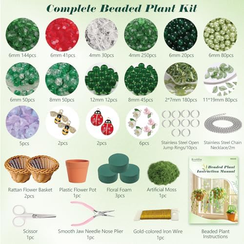 Ecoofor Green Beads Beaded Plant Kit, Makes 3 Plant Pots, Glass & Crystal Leaf Pieces, Video Tutorials Included, Handmade Gift for Plant Lovers, Beaded Plant Kit - Image 2