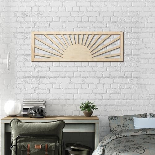 Burbell Horizontal Sun Wall Art, Boho Wooden Room Decor, 35"x12" Wood Color - Image 5