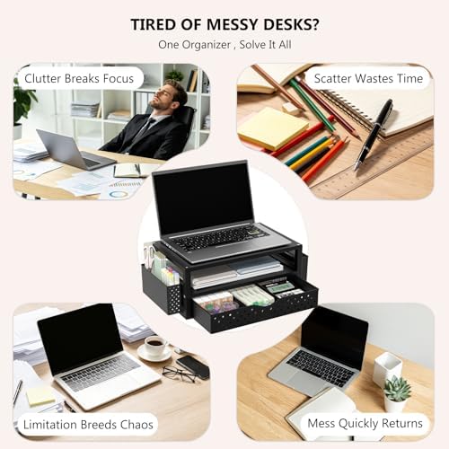 WALI Desk Organizer with Drawer and Pen Holder, 3 Tier Computer Monitor Stand for Home Office Supplies, Laptop Stand Riser for Computer, Laptop, Printer(PTT004-B), 1 Pack, Black - Image 6