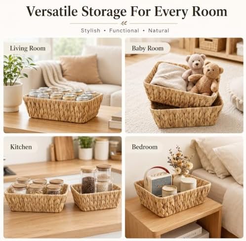 2 Pack Small Wicker Baskets, 2 Size Water Hyacinth Woven Basket Durable Rustic Hand Woven Decorative Baskets for Living Room, Kitchen, Bedroom, Shelf, Home Decor - Image 6