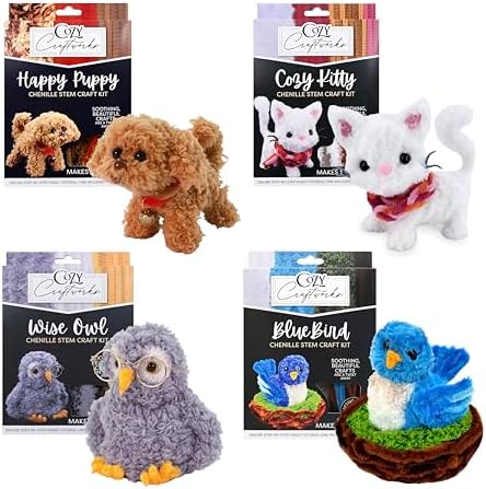 WeVeel Cozy Craftworks Kitty, Puppy, Blue Bird & Owl Chenille Stem Craft Kit Bundle for Teens & Adults – Mindful DIY Animal Craft, Tactile Pipe Cleaner Art Kit with QR Video Tutorials by WeVeel