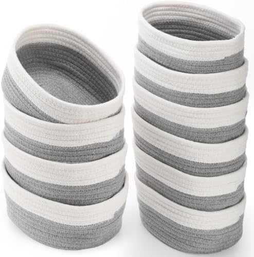 10 Pack Small Woven Baskets, Cotton Rope, White, Light Gray by LOYIM
