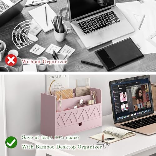 Wisuce Bamboo Mail Organizer with Drawer, Countertop Desk Organizer (Pink) - Image 6