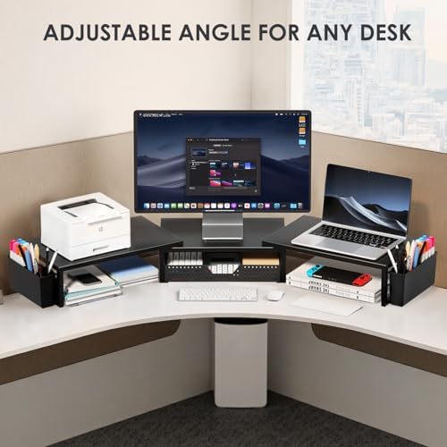 OPNICE Desk Organizers and Accessories, Dual Monitor Stand Riser with Drawer and 2 Pen Holders, Desk Shelf Computer Racks & Printer Stand for Office Workspace Organizers, Desktop Organization (Black) - Image 6