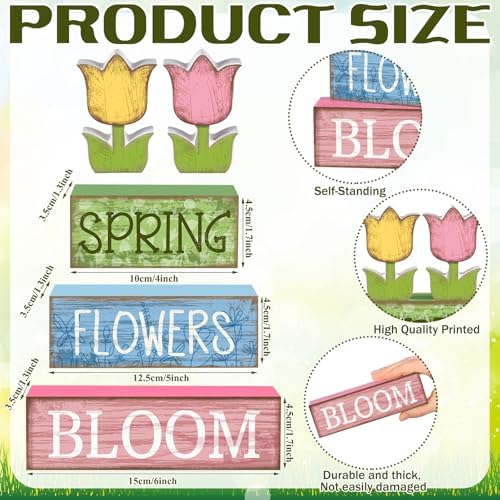 Moucuny 4 Pcs Spring Wooden Block Signs Farmhouse Table Tiered Tray Decor - Image 2