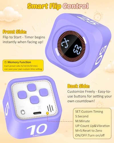Pomodoro Timer Cube with Silicone Case 5/10/25/50 min, Vibrate&Sound Alarm - Image 6