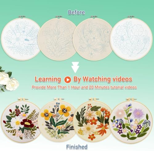 Bonroy 4 Sets Embroidery Set for Beginners Art Crafts Easy Sewing Includes Embroidery Clothes with Pattern, Hoop, Instruction Manual, Color Stitch Set (Assorted 1) - Image 3