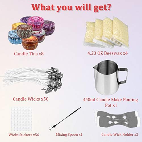Candle Making Kit, DIY Candle Making Kits for Adults Beginners Include 50 Candle Wicks, 56 Wicks Sticker, 8 Candle Tins,1 Candle Make Pouring Pot, 4 Pack Candle Wax for Making Candles, Colorful - Image 2
