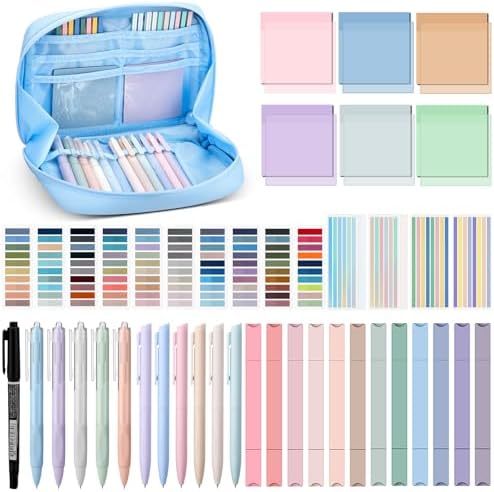 Trandraft 135 Pcs Book Annotation Kit with Pencil Case, 12 Pastel Highlighters, 11 Gel Pens, Fine Marker, 300 Transparent Sticky Notes, 2640 Index Tabs, Bible Study Supplies Kit(Kawaii,Blue) - Image 2