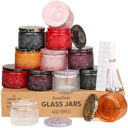 LumaCraft Luxury Embossed Glass Candle Jars for Making Candles - 12 Pack Empty Candle Containers with Lids, 20 Wicks & 20 Stickers, Colored Glass Jars for Gifts & Decor-4oz by Unknown
