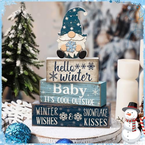 Moucuny 4 Pcs Winter Wood Block Signs Gnome Farmhouse Table Decoration - Image 3