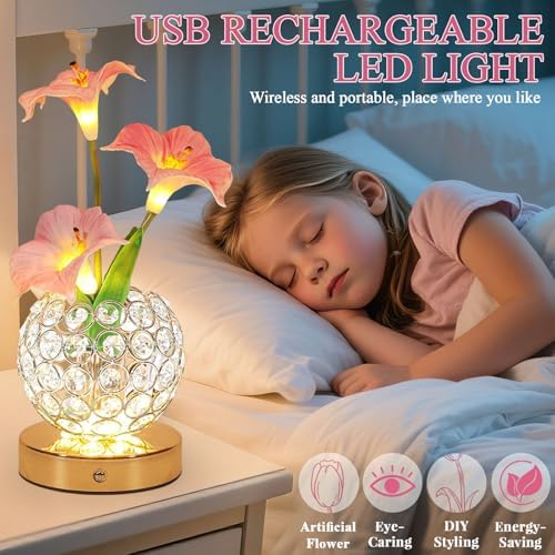 Flower Table Lamps, Rechargeable Cordless Desk Lamp, 3 Colors Dimmable Artificial Flowers Night Light, Morning Glory with Crystal Vase for Home Date Party Decoration (Morning Glory-Pink) - Image 5