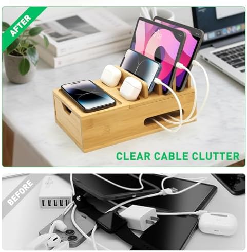 Bamboo Charging Station for Multiple Devices, Desktop Wood Charger Organizer with Drawer & Tray -Included 6 Cables, Compatible with Multi Devices, Cell Phone, Tablet, Earphones (No USB Charger) - Image 3