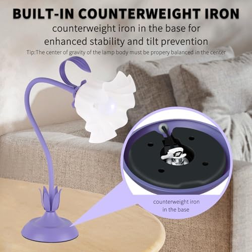 Cute Flower Desk Lamp, 3 Color Temperature Table Lamp with LED Bulb, Vintage Bedside Lamps, Reading Lamps with Soft Light for Bedroom, Living Room（Purple） - Image 6